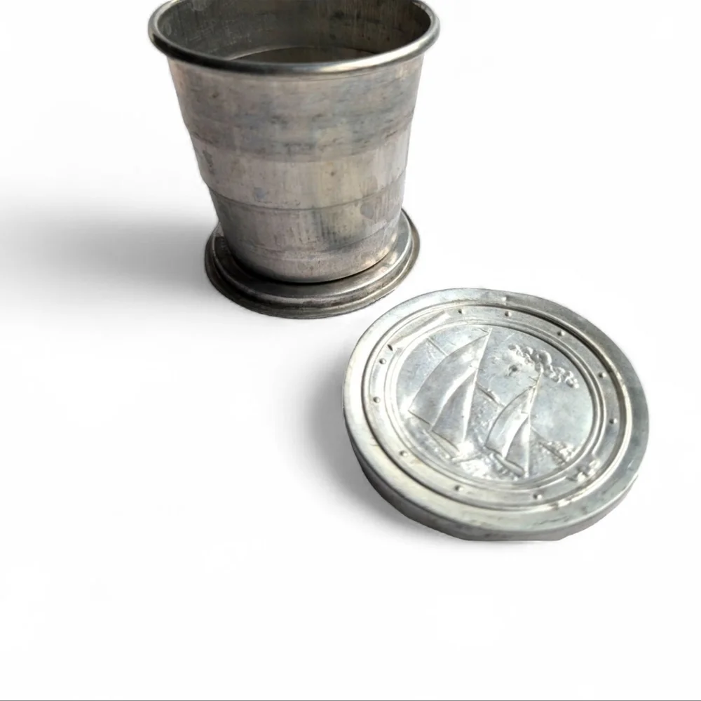 VINTAGE Collapsible Tin Cup Sailboat Design Travel Camping Collectible